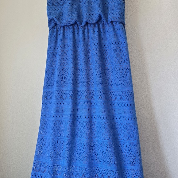 London Times Women Med Blue Maxi Dress Eyelet Coquette Feminine Cottage Vacation - Picture 3 of 7